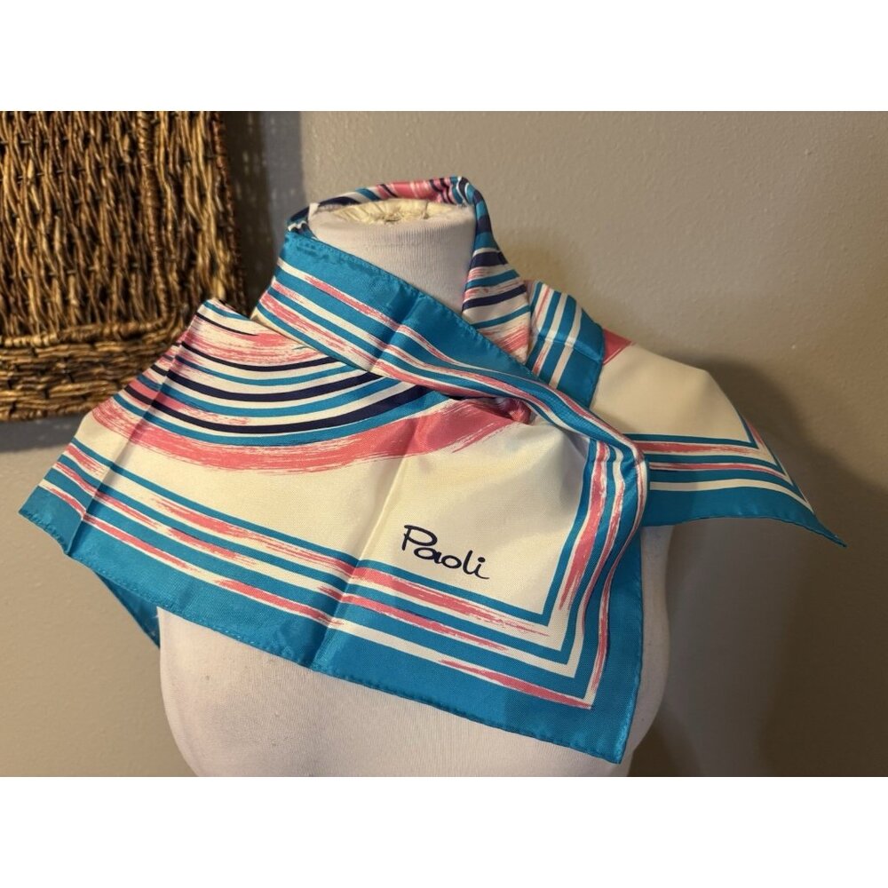 Vintage 60s/70s Paoli 23” Square Scarf Geometric Mod Handkerchief Pink Blue